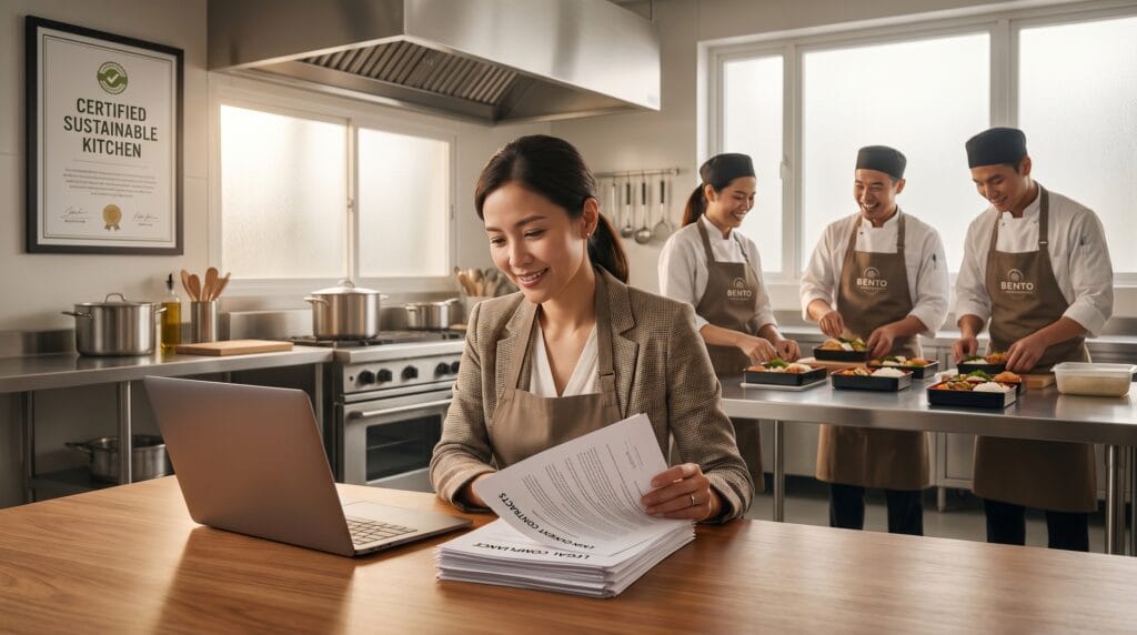 Pemilik UMKM sedang memeriksa dokumen kontrak ketenagakerjaan staf dapur katering mbg