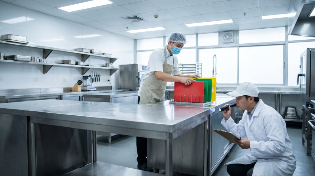 Proses penyiapan makanan di dapur katering yang memenuhi standar Sertifikat Layak Higiene Sanitasi untuk sekolah