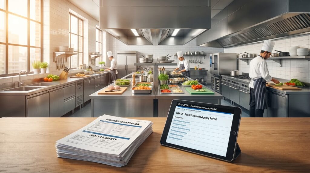 Formulir registrasi dan tablet digital untuk prosedur pendaftaran MBG berlatar belakang dapur katering