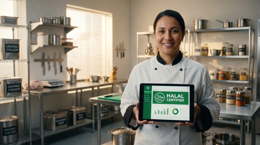 Seorang chef wanita tersenyum menunjukkan tablet dengan tampilan dasbor sertifikat halal resmi di dalam dapur komersial yang bersih