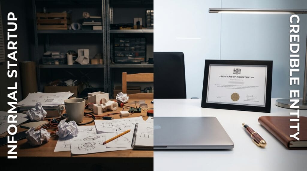 Perbandingan split screen meja kerja usaha rumahan informal dengan meja kantor bersih yang memajang sertifikat pendirian perusahaan resmi atau Certificate of Incorporation