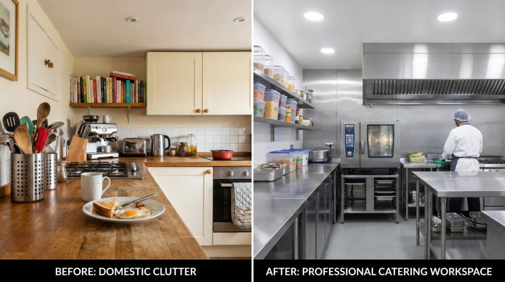Perbandingan visual antara dapur rumah tangga biasa (domestic kitchen) yang berantakan dengan ruang kerja katering profesional berbahan stainless steel yang higienis