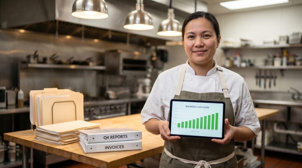 Pengusaha katering wanita menunjukkan grafik Balanced Cash Flow di tablet berlatar belakang dapur katering dan tumpukan binder invoice