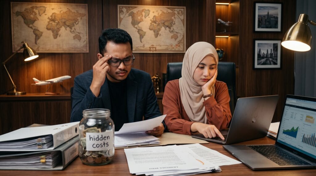 Pemilik biro perjalanan wisata menganalisis estimasi anggaran dan potensi hidden costs biaya sertifikasi BPW di laptop
