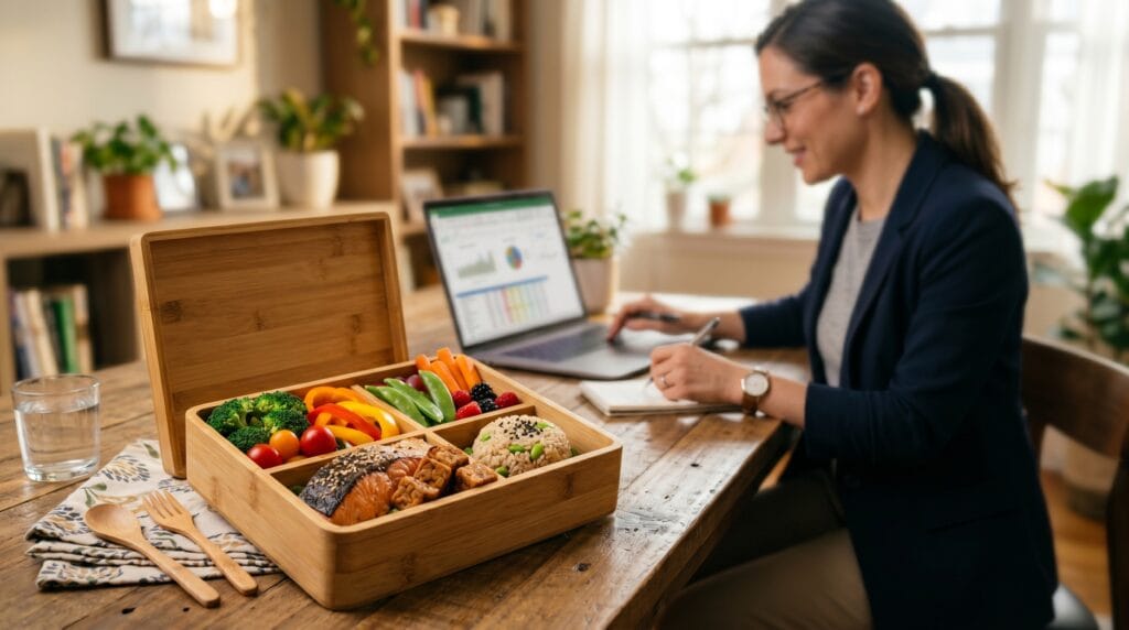 Seorang wanita profesional menyusun struktur harga penawaran tender MBG dengan menu makanan bergizi seimbang di atas meja