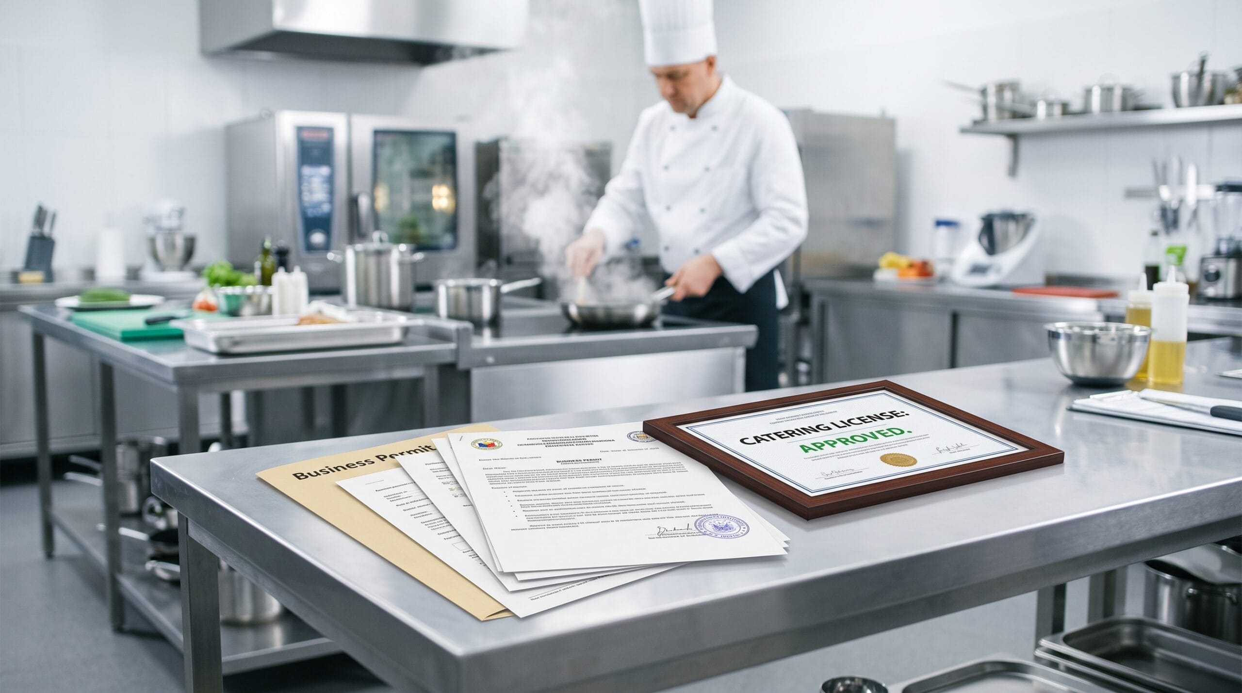 Dokumen sertifikat katering disetujui atau catering license approved di samping tumpukan berkas Business Permit