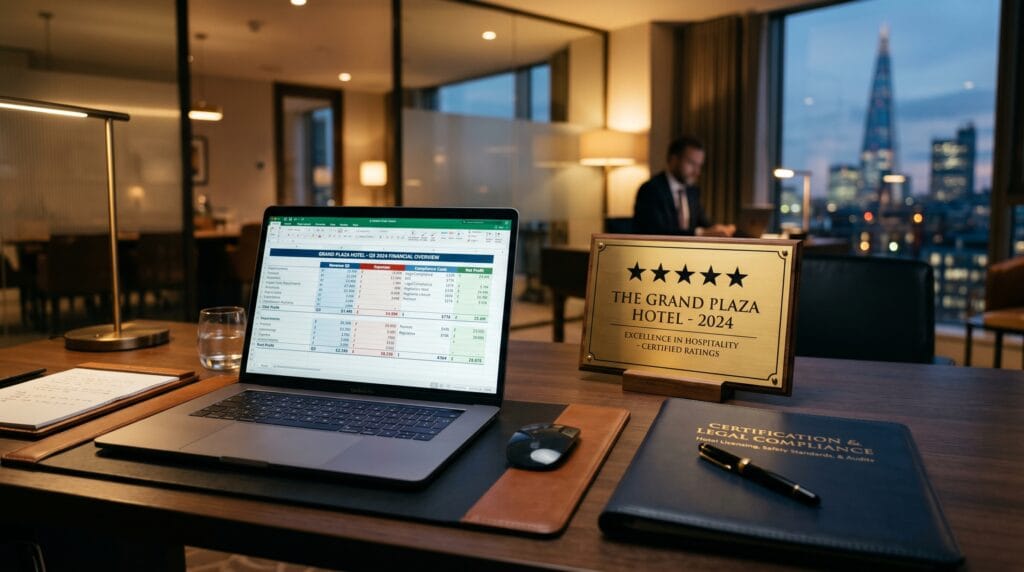 Laptop menampilkan spreadsheet laporan keuangan anggaran biaya sertifikasi hotel bintang lima di meja kerja