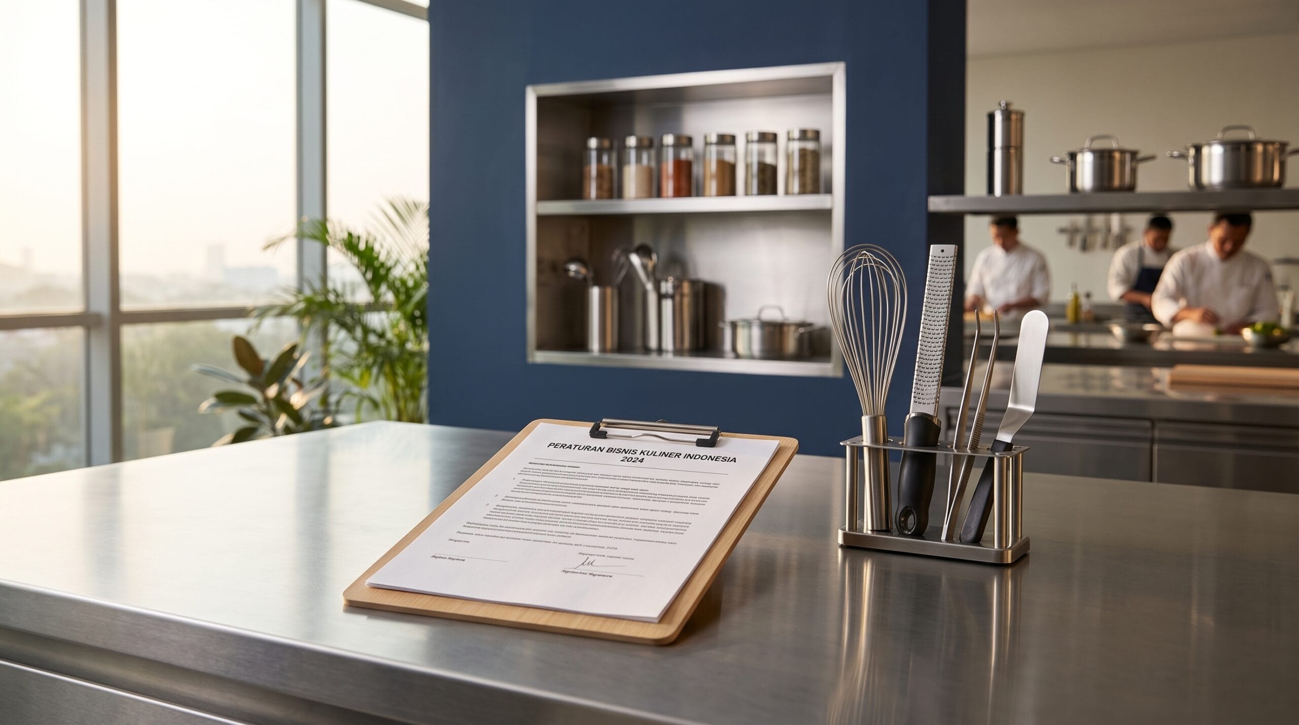 Papan klip dokumen peraturan bisnis kuliner Indonesia dan wadah peralatan masak stainless steel di atas konter dapur industri