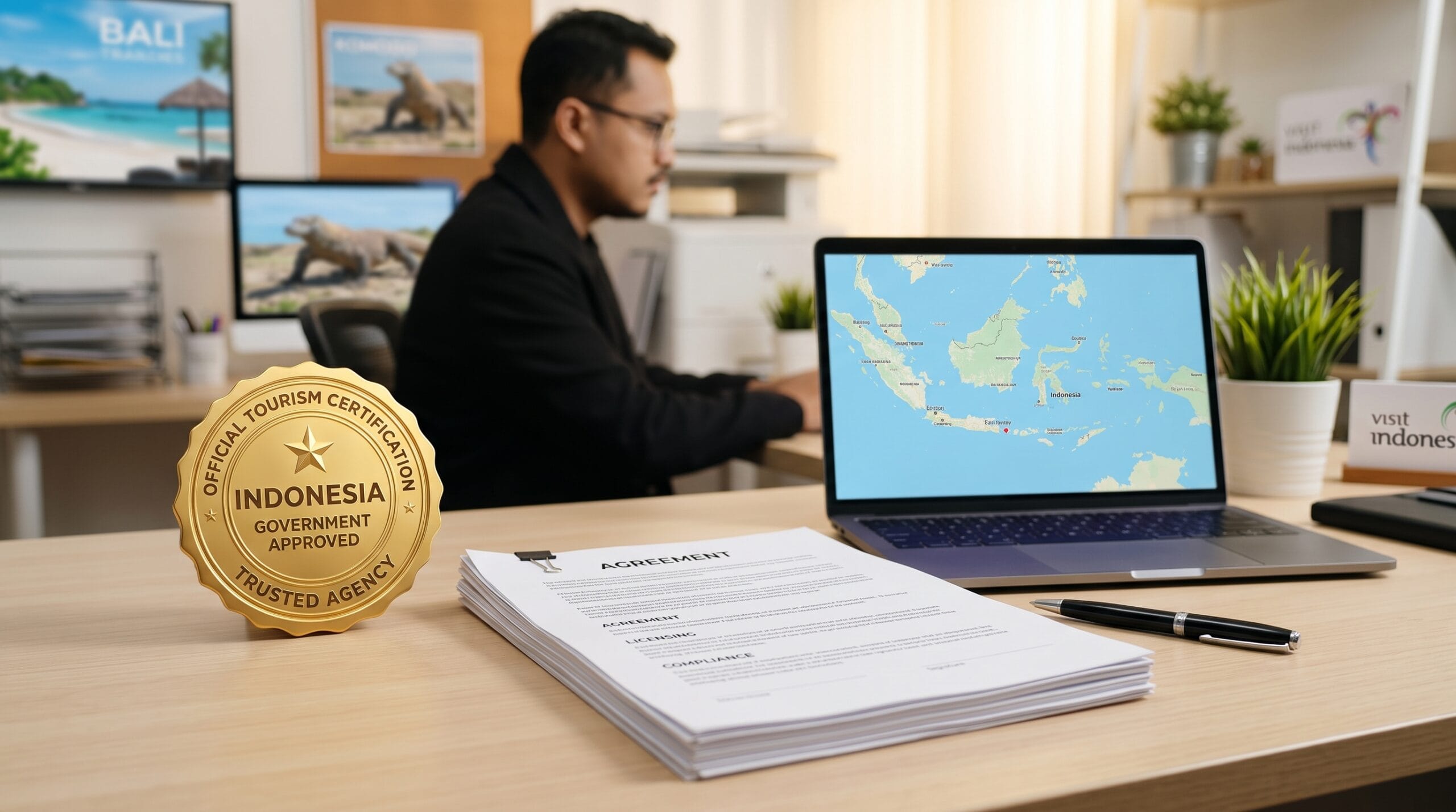 Medali Official Tourism Certification Indonesia di samping laptop yang menampilkan peta Indonesia dan tumpukan berkas compliance